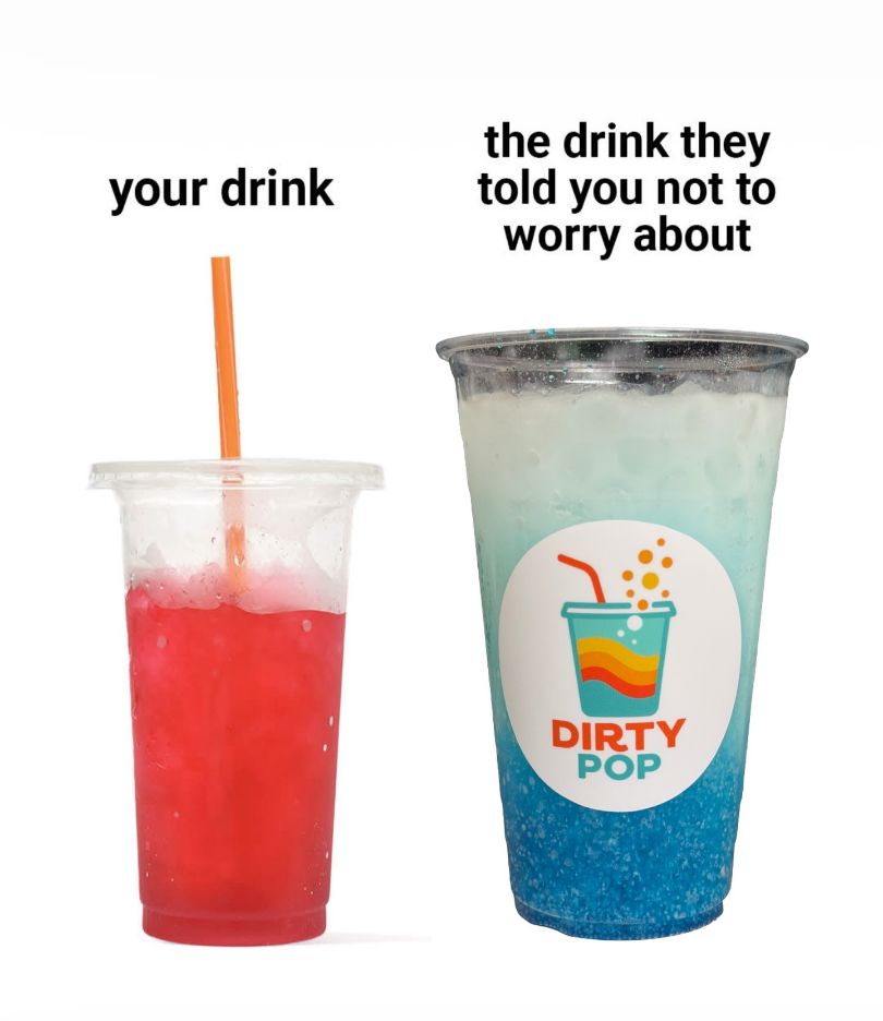 Two Dirty Pop drinks, including a blue creamy soda in a branded cup